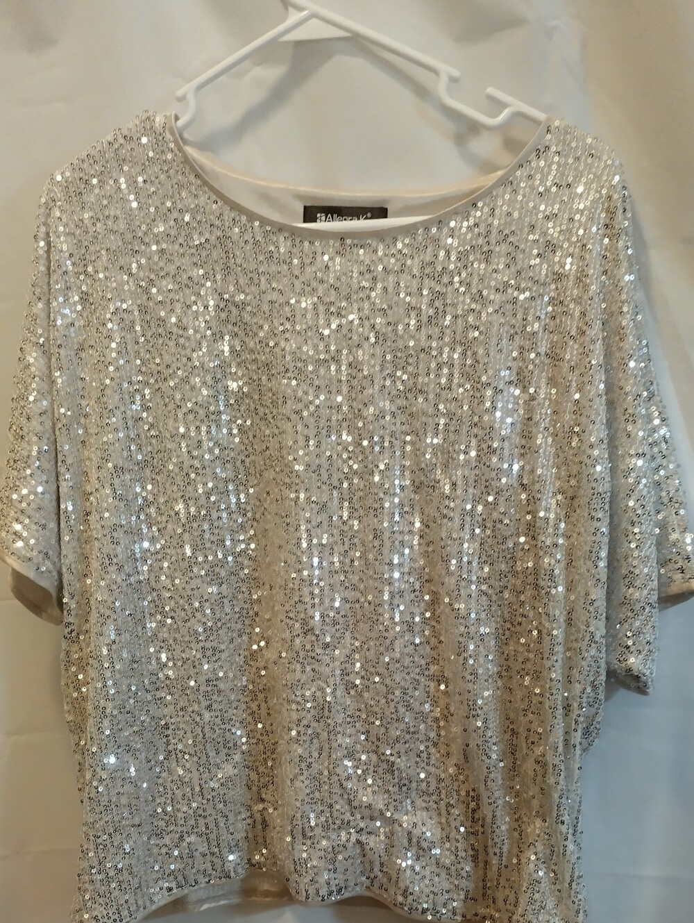 Allegra K Sparkling White Sequin Short Sleeve Top Size Large